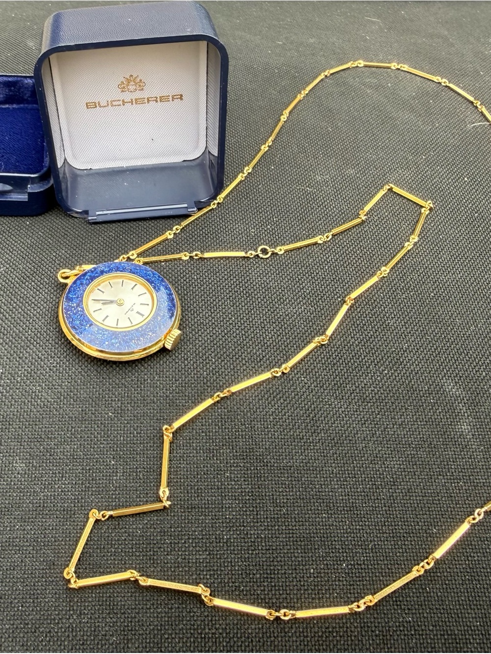 Vintage Bucherer Lapis Lazuli Pendant Watch with Matching Chain and Box Swiss